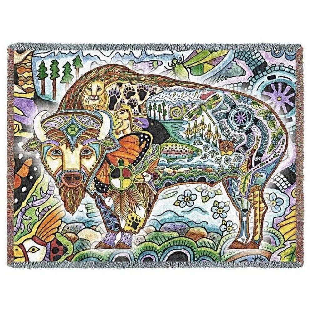 New Bison Buffalo Northwest Woven Cotton Afghan Throw Blanket Native American